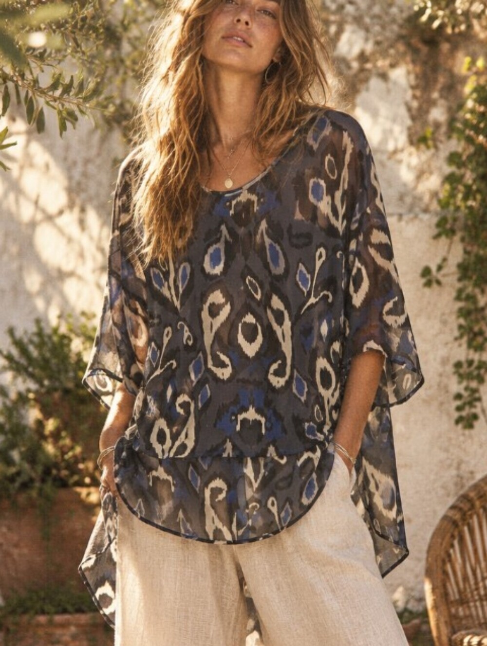 rag & bone Navy and Cream Sheer Ikat Tunic